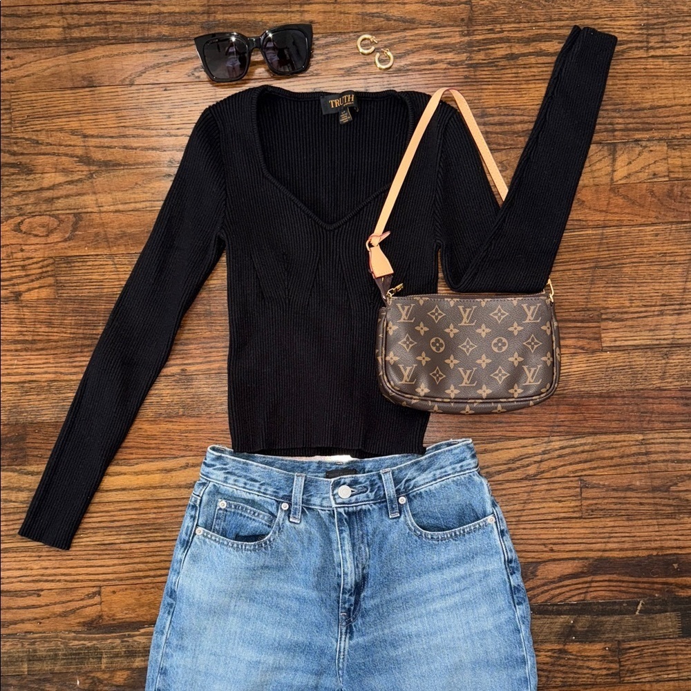 Truth by Republic Black Ribbed V-Neck Long Sleeve Spring Top Size S - Picture 3 of 9